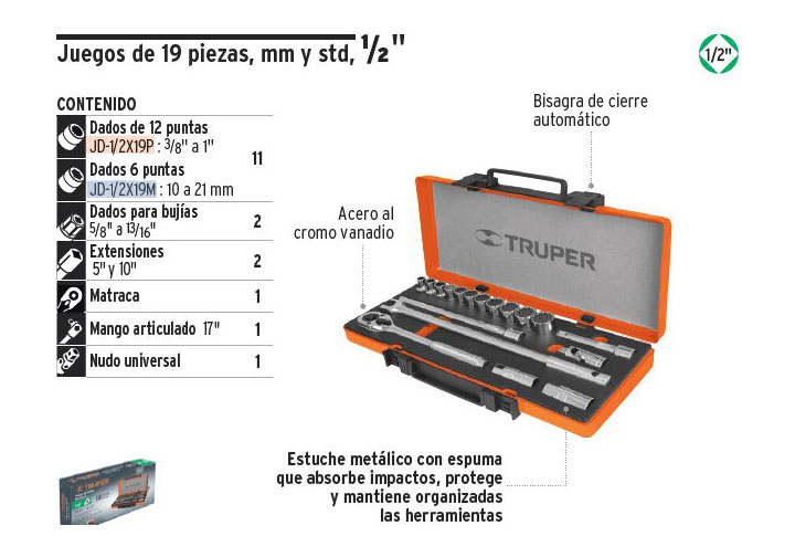 Bộ khẩu 19 chi tiết Truper 13936 (JD-1/2X19M) Bộ khẩu 19 chi tiết Truper 13936 (JD-1/2X19M)